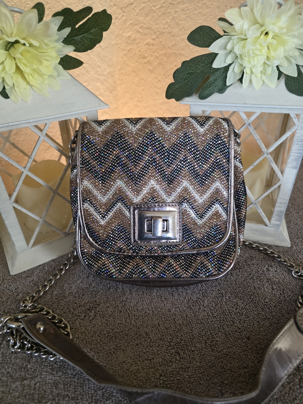 Aldo Metallic Chevron Beaded Crossbody in Gold and Black